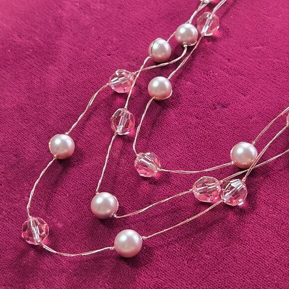 Faux Pink Pearl & Crystal layered Necklace Silk Thread Multi-Strand Silver Clasp - Picture 4 of 9